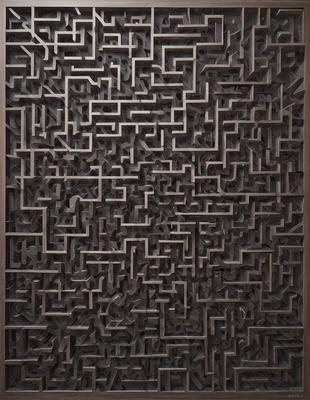 The primary subject of the image is a wooden wall with a pattern of interlocking squares. The setting is a room with a wooden surface, and the visual style appears to be a combination of a photo and a digital art or illustration. The dominant colors are brown and black, creating a sense of depth and complexity in the pattern. The overall atmosphere of the image is intricate and visually engaging.